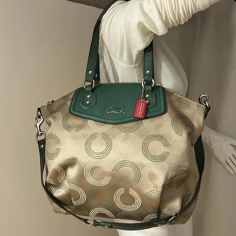 Coach Ashley F25183 Dotted Op Art North South Aegean Canvas Leather Hobo Tote